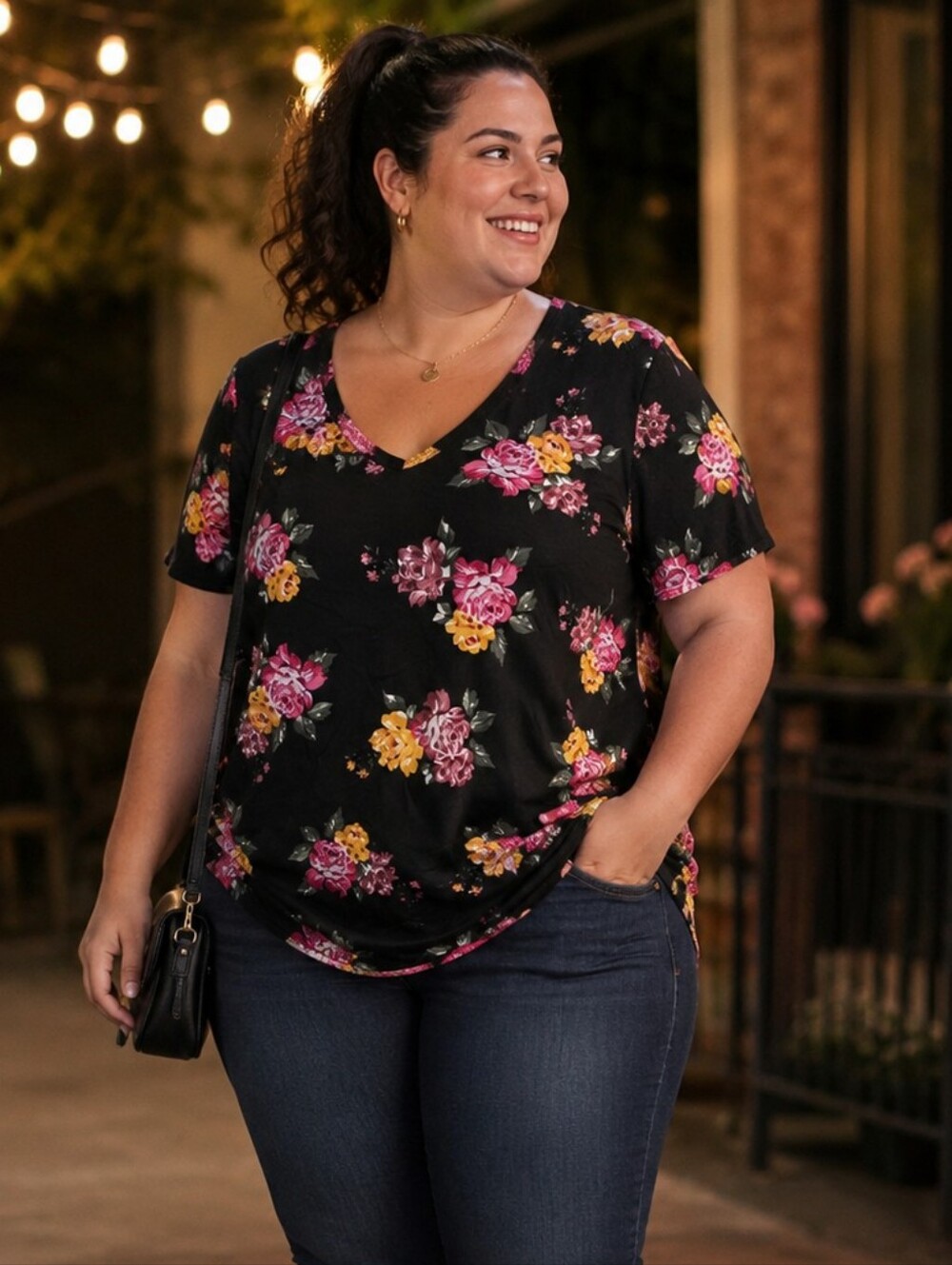 All At Once Black Floral Shark Bite Hem Short Sleeve T Shirt. NWT